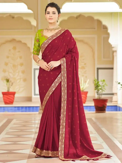 Luxuriant Red Thread Embroidery Vichitra Saree With Blouse