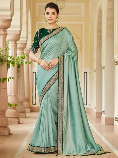 Abundant Sky-Blue Thread embroidered Vichitra Party Wear Saree