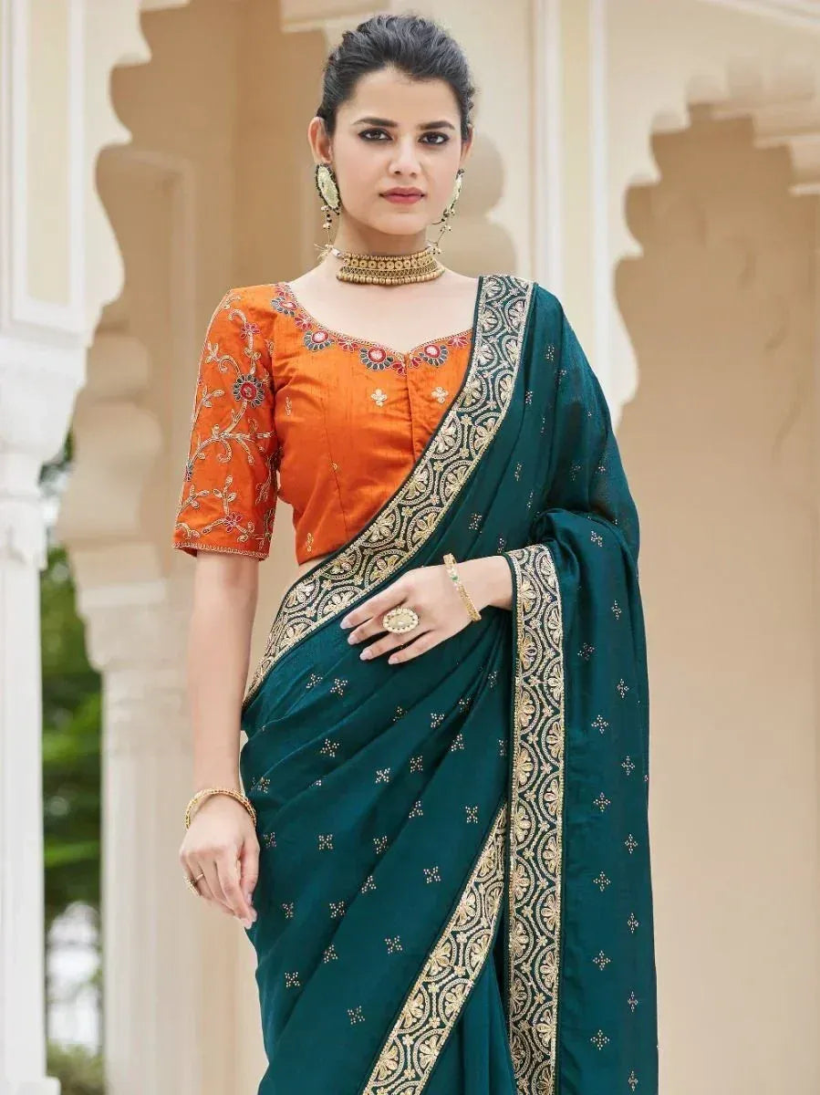 Emerald green saree with gold border and orange embroidered blouse, Indian ethnic wear
