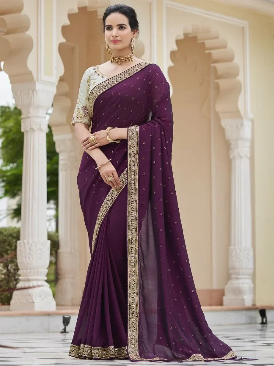 Superior Purple Sequined Embroidery Vichitra Party Wear Saree