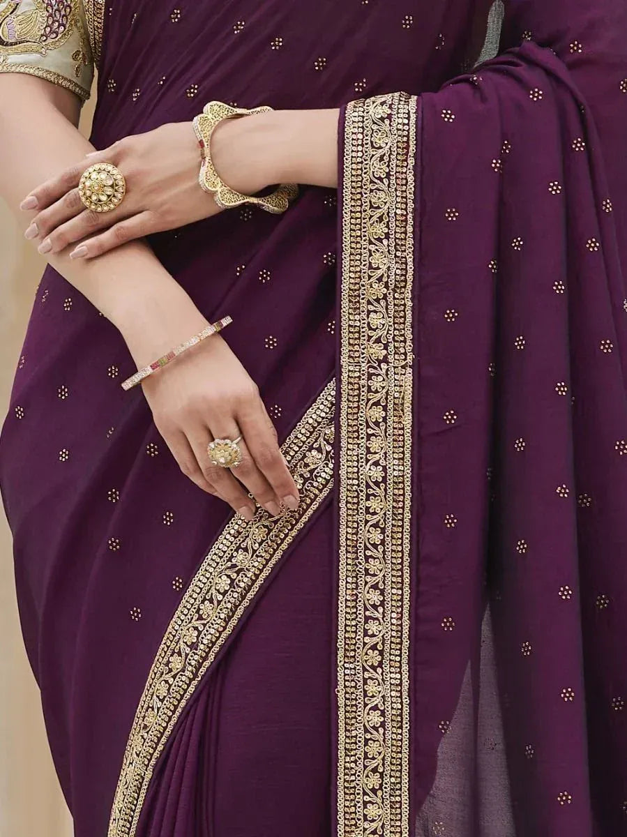 Superior Purple Sequined Embroidery Vichitra Party Wear Saree