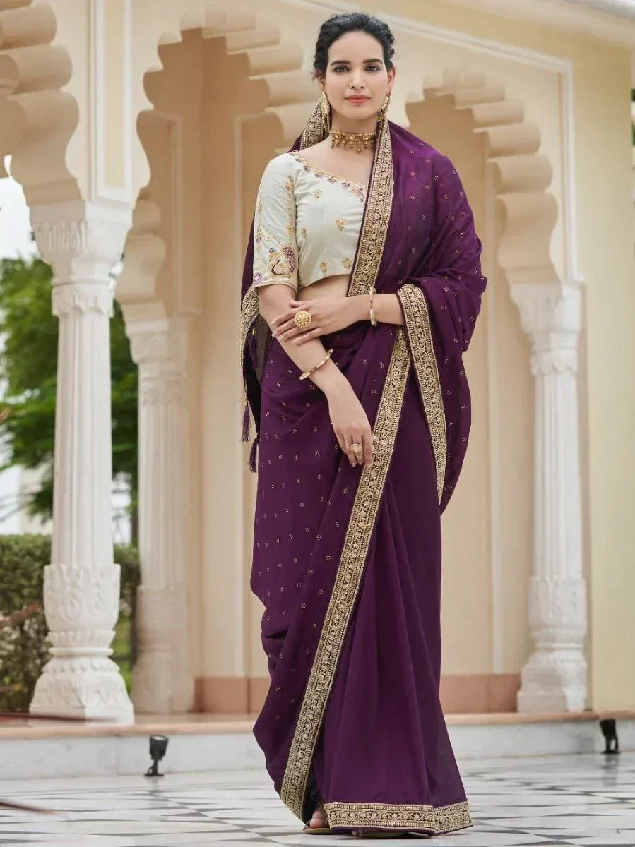 Superior Purple Sequined Embroidery Vichitra Party Wear Saree