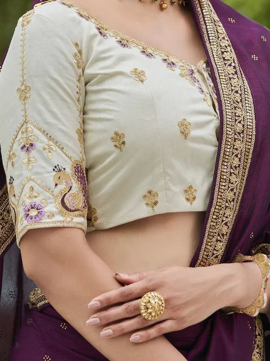 Superior Purple Sequined Embroidery Vichitra Party Wear Saree