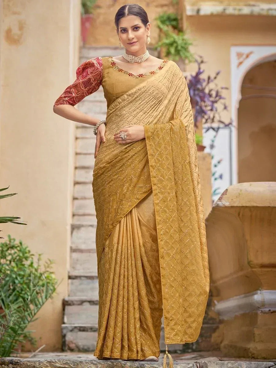 Elegant mustard yellow saree with red blouse, perfect for Indian ethnic occasions and festive wear.