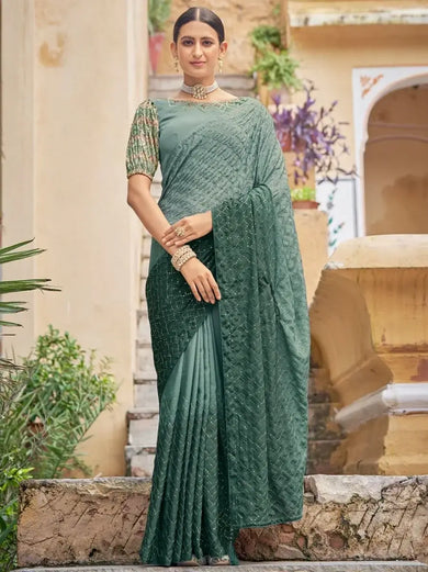 Ombre Green Fully Sequined Embroidered Chinon Party Wear Saree