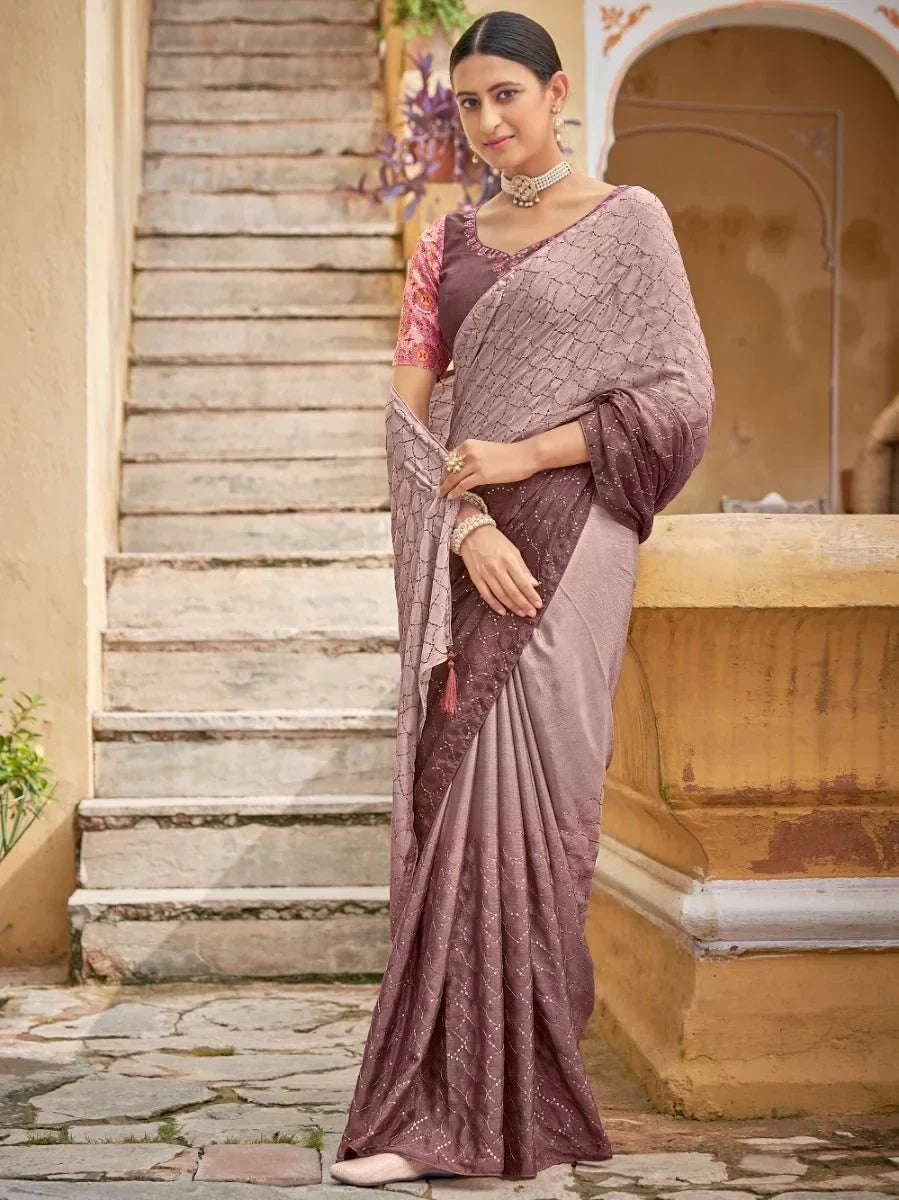 Shaded Dusty Pink Sequins Embroidered Chinon Festive Wear Saree