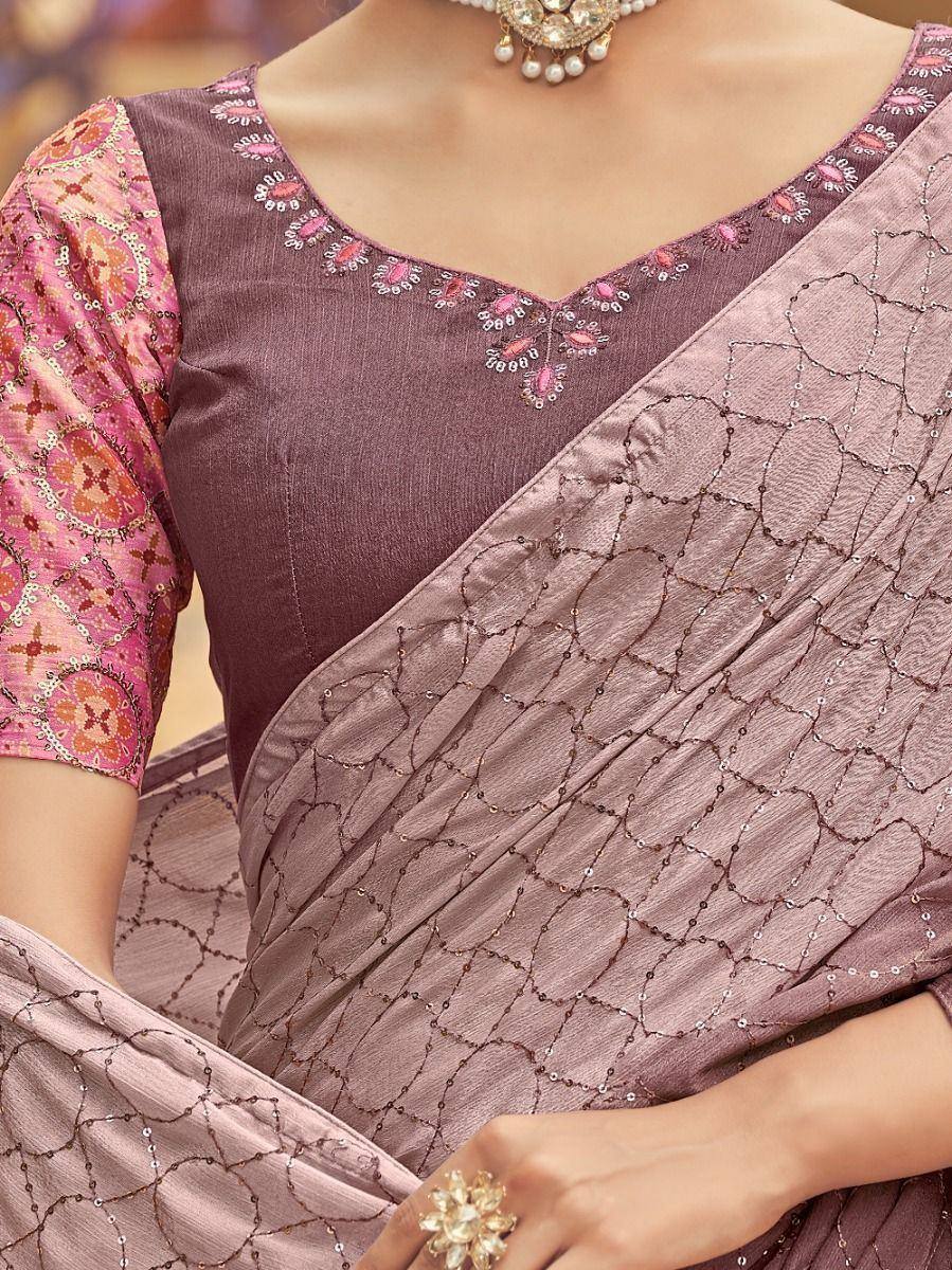 Elegant mauve saree with sequin embroidery and matching blouse, perfect for Indian ethnic occasions