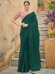 Desirable Green Sequined Embroidery Chinon Saree With Blouse