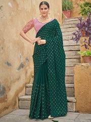 Desirable Green Sequined Embroidery Chinon Saree With Blouse