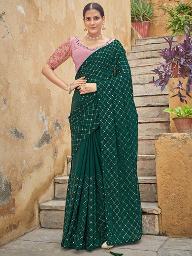 Desirable Green Sequined Embroidery Chinon Saree With Blouse
