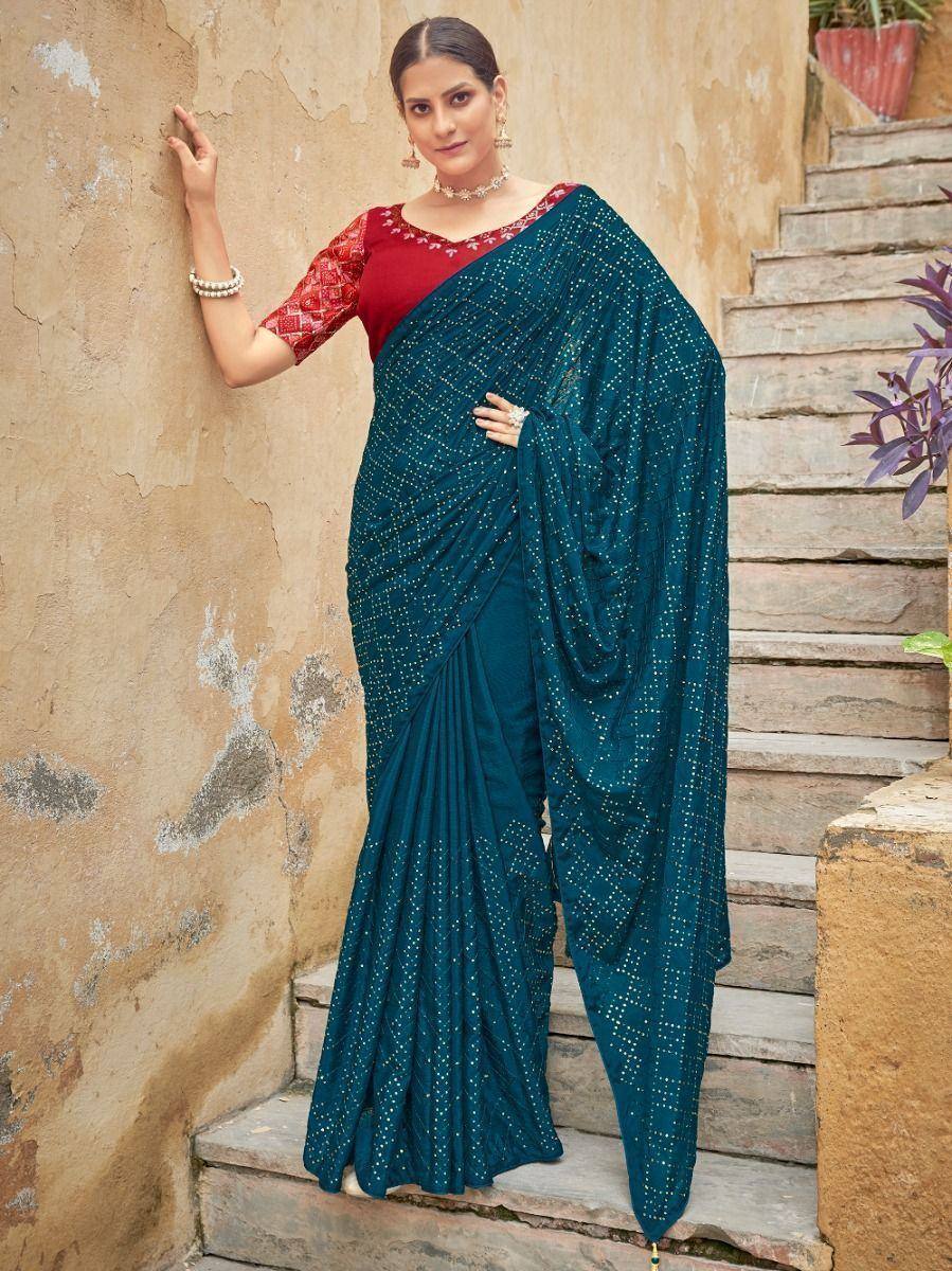 Teal embroidered saree with red blouse, Indian ethnic wear for women