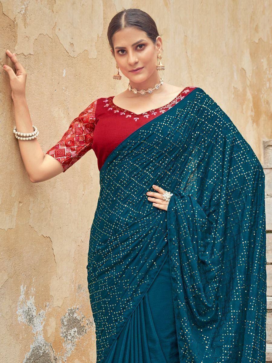 Teal saree with gold dots and red embroidered blouse, Indian ethnic wear