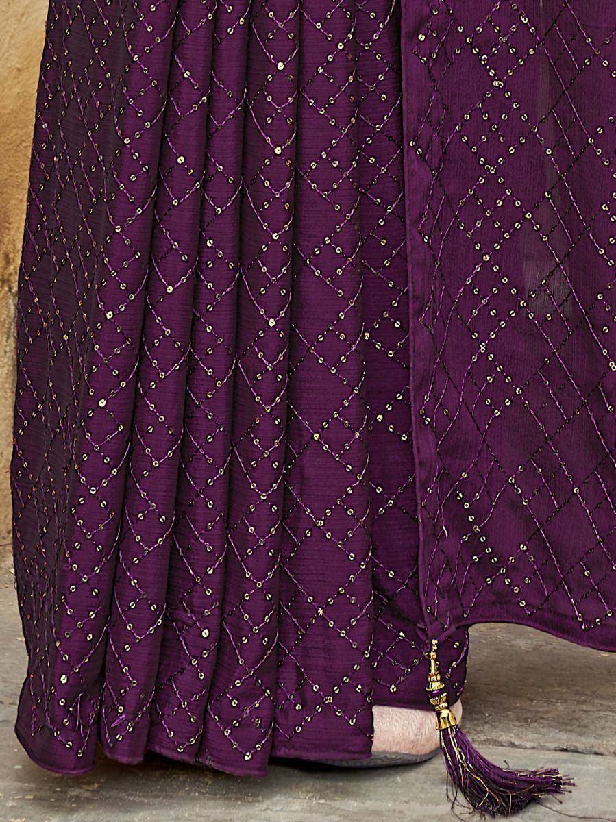 Purple ethnic gown with gold diamond embroidery and tassel detail, perfect for Indian festive wear