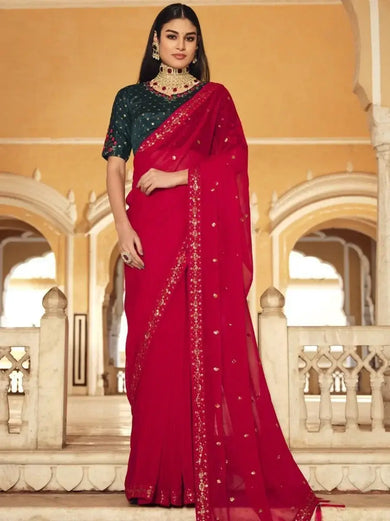 Pleasant Red Sequined Chinon Party Wear Saree With Blouse