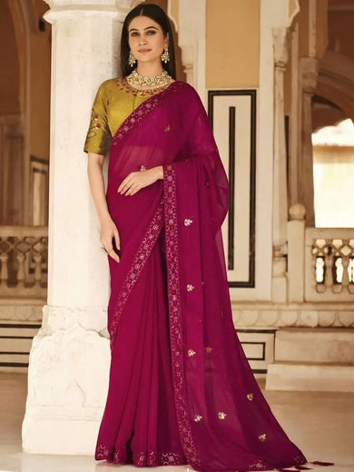 Desirable Pink Sequined Embroidered Chinon Party Wear Saree With Blouse