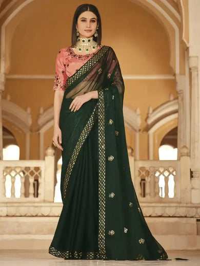 Charming Green Sequined Embroidered Chinon Festival Wear Saree With Blouse