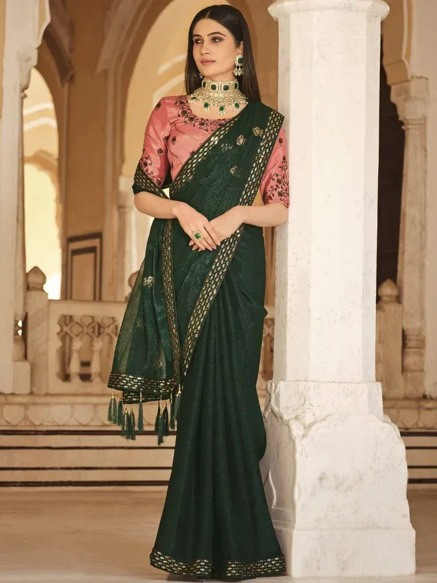 Charming Green Sequined Embroidered Chinon Festival Wear Saree With Blouse