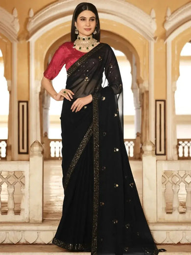 Glamorous Black Sequined Embroidered Chinon Festival Wear Saree With Blouse