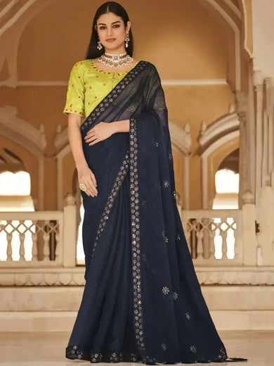 Marvelous Navy-Blue Embroidered Chinon Party Wear Saree With Blouse