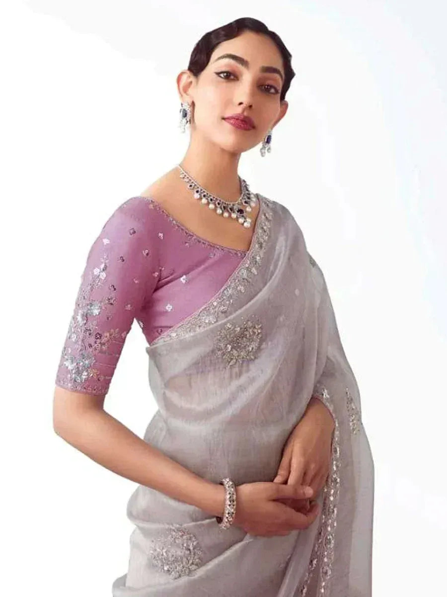 Elegant grey saree with silver embroidery paired with lavender blouse, perfect for Indian ethnic occasions