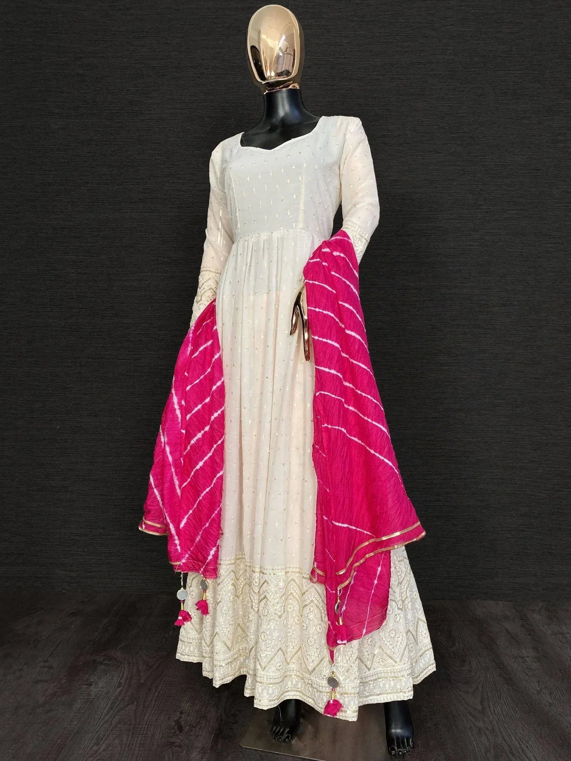 White embroidered anarkali with pink tie-dye dupatta, Indian ethnic wear for women