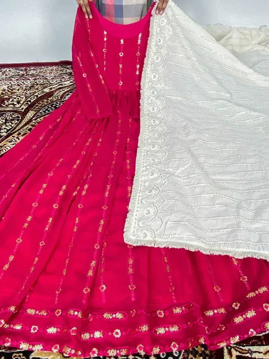 Fuchsia embroidered anarkali gown with white dupatta, Indian ethnic wear