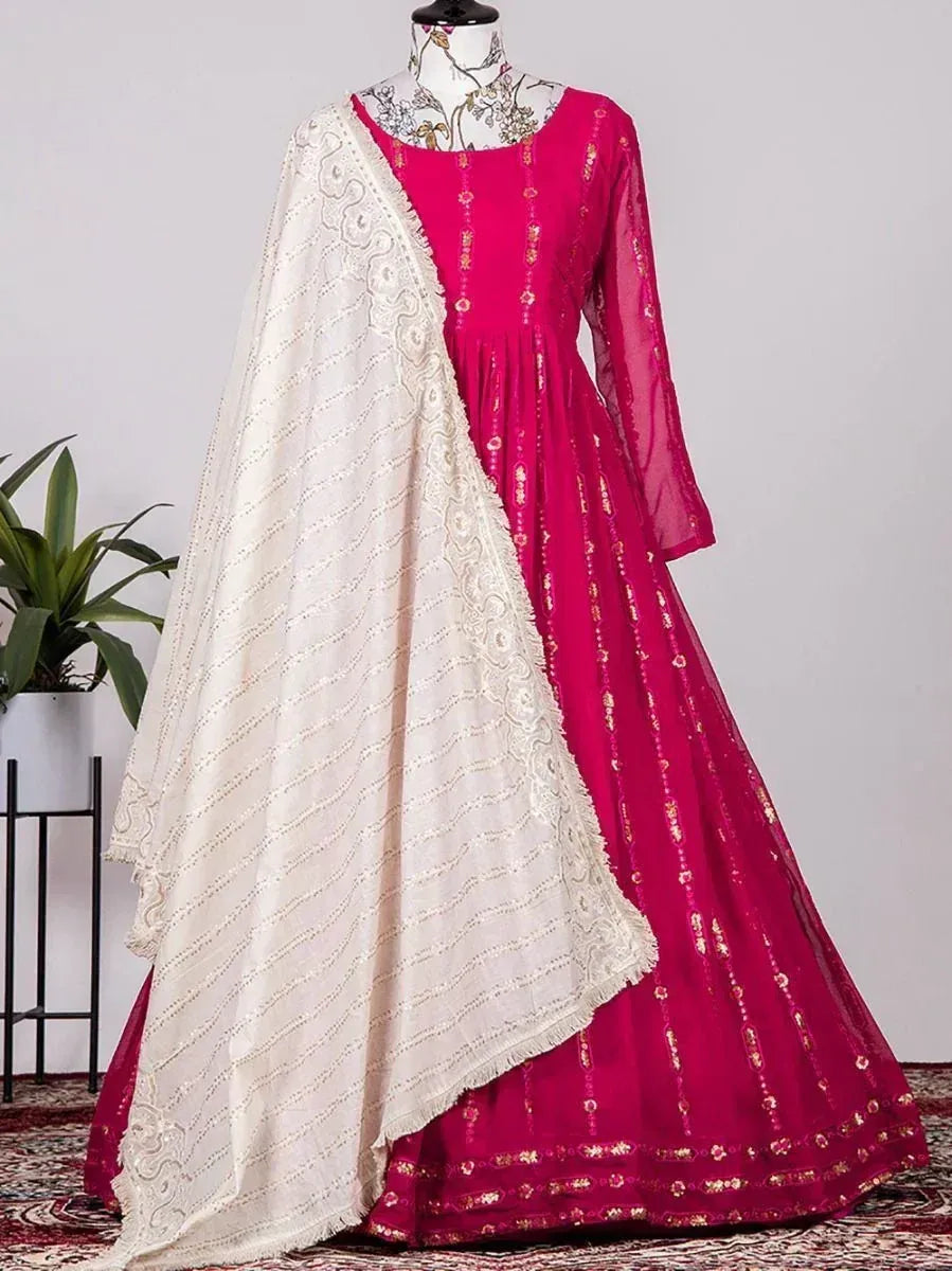 Pink embroidered anarkali with white dupatta, Indian ethnic wear for women
