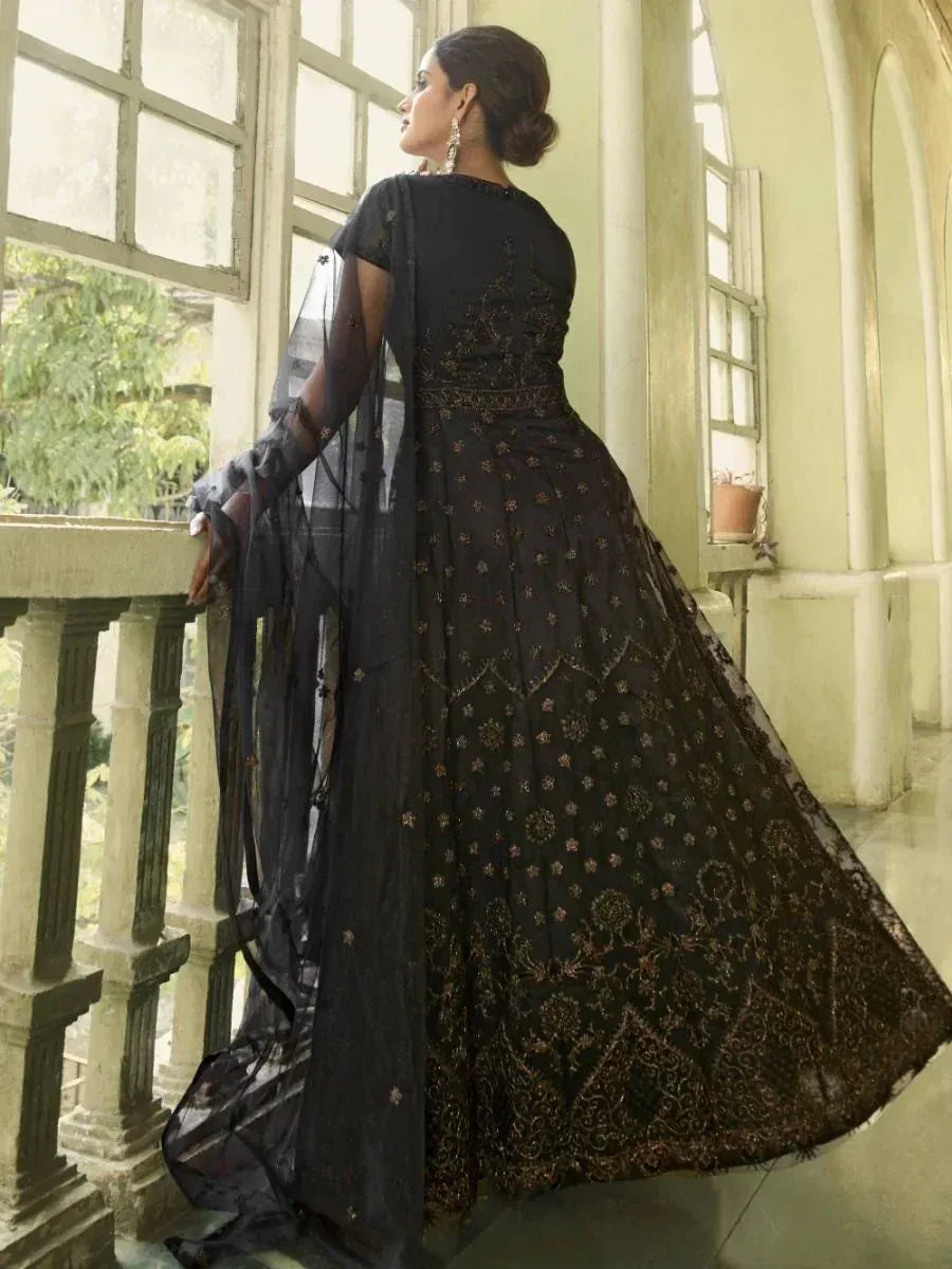 Black embroidered anarkali gown with sheer dupatta, elegant ethnic wear for women