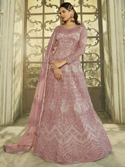 Majestic Pink Zari Embroidered Net Gown With Dupatta