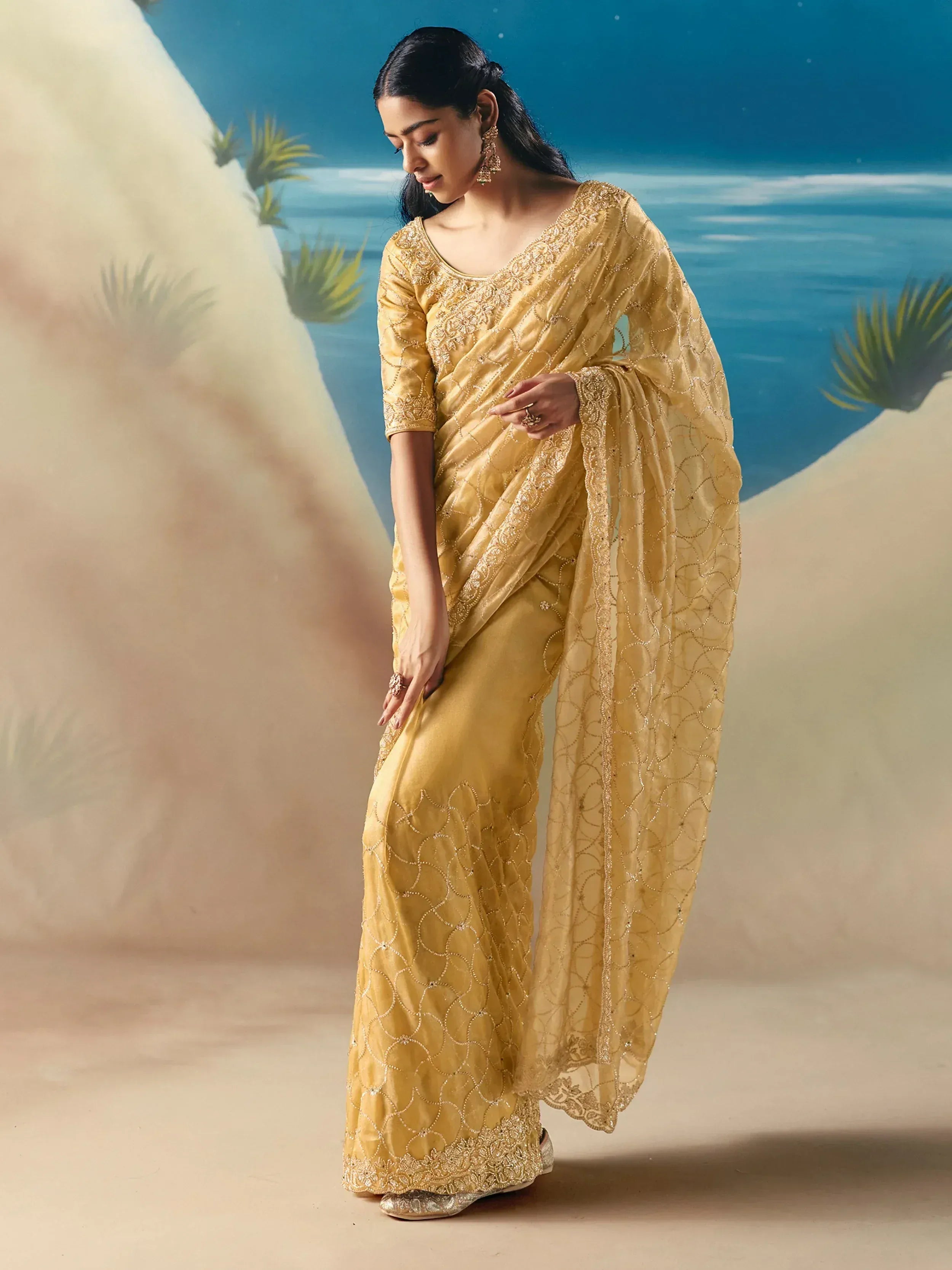Adorable Golden Sequins Georgette Party Wear Saree With Blouse