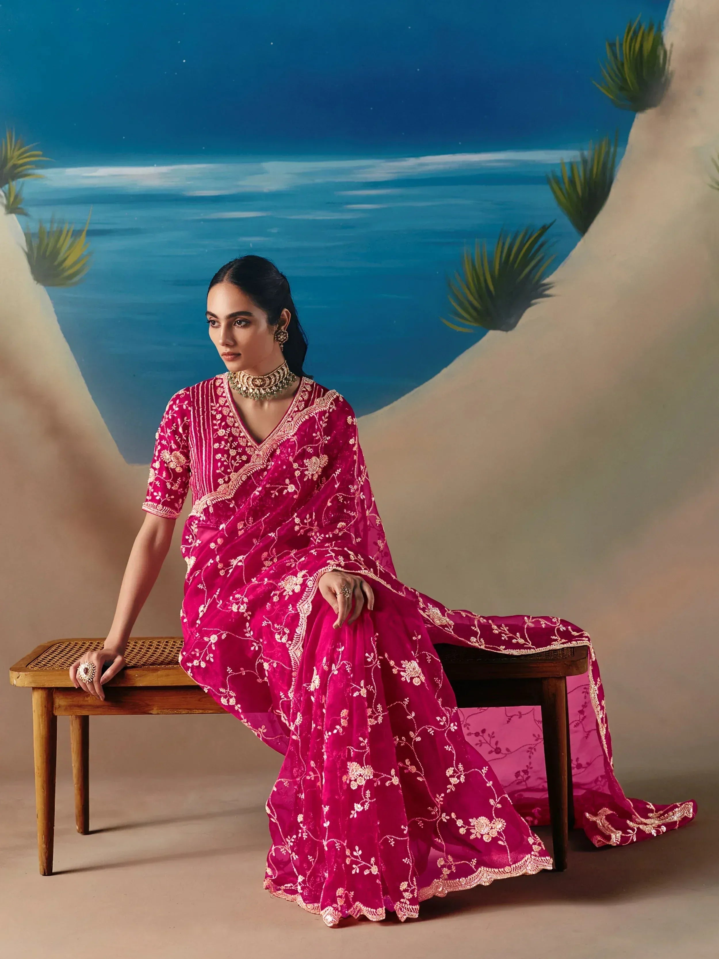 Incredible Pink Sequins Georgette Party Wear Saree With Blouse