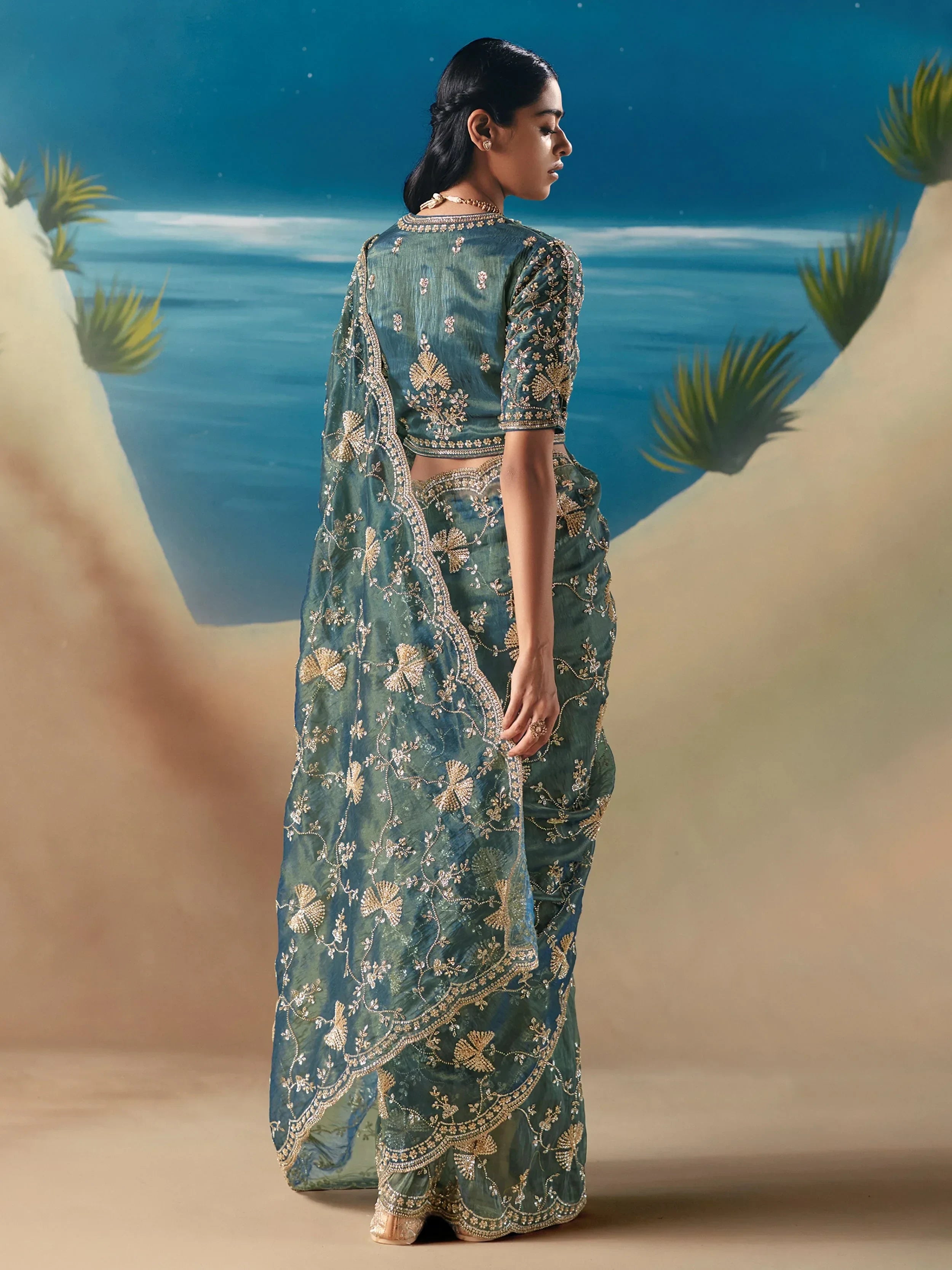 Enchanting Green Sequins Georgette Party Wear Saree With Blouse