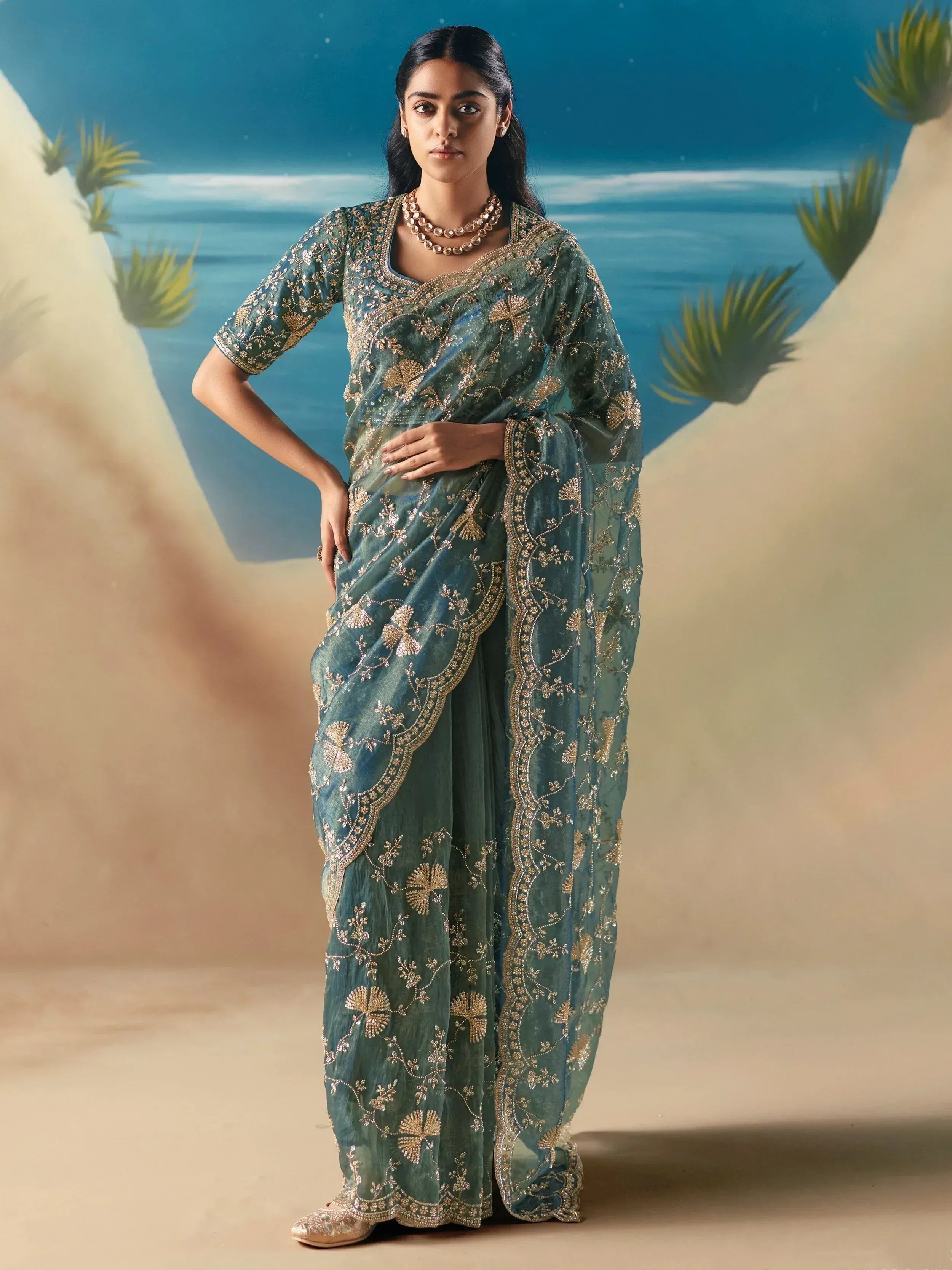 Enchanting Green Sequins Georgette Party Wear Saree With Blouse