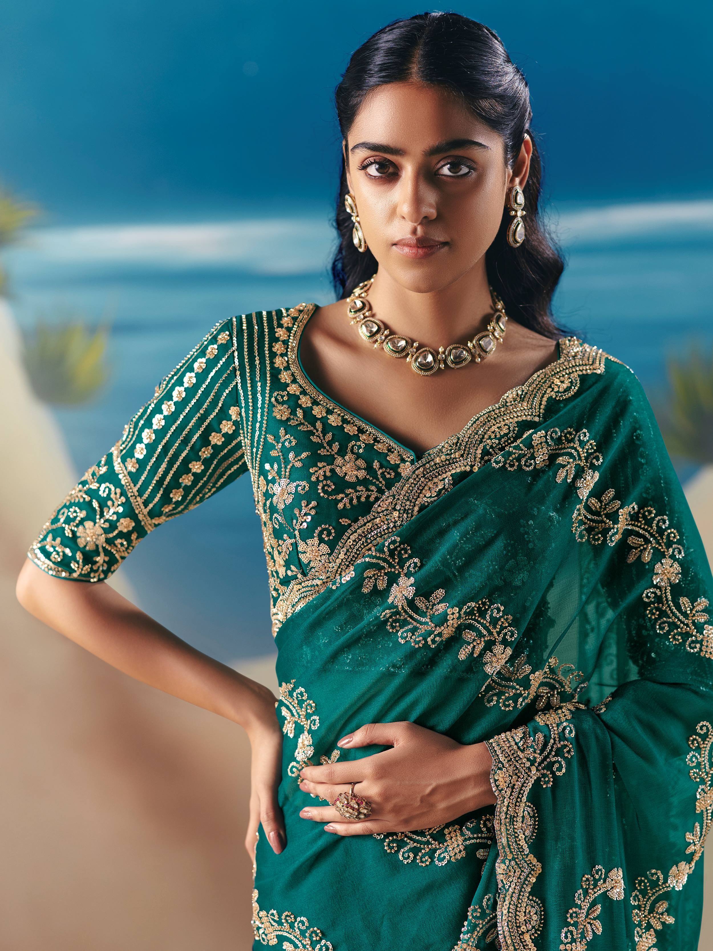Alluring Green Sequins Georgette Party Wear Saree With Blouse