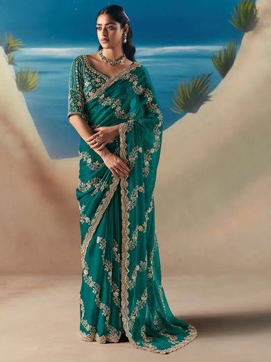 Alluring Green Sequins Georgette Party Wear Saree With Blouse
