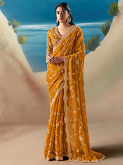 Amazing Yellow Sequins Georgette Wedding Wear Saree With Blouse