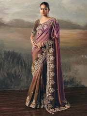 Stunning Purple Shaded Zari Embroidered Silk Party Wear Saree With Blouse