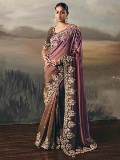 Stunning Purple Shaded Zari Embroidered Silk Party Wear Saree With Blouse