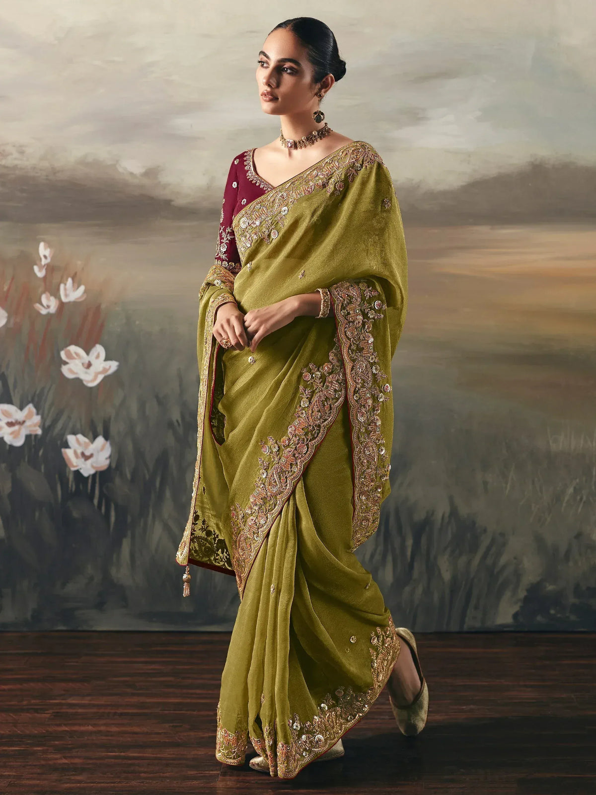 Olive green embroidered saree with maroon blouse, perfect for Indian ethnic wear occasions