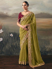Wonderful Green Zari Embroidered Silk Wedding Wear Saree With Blouse