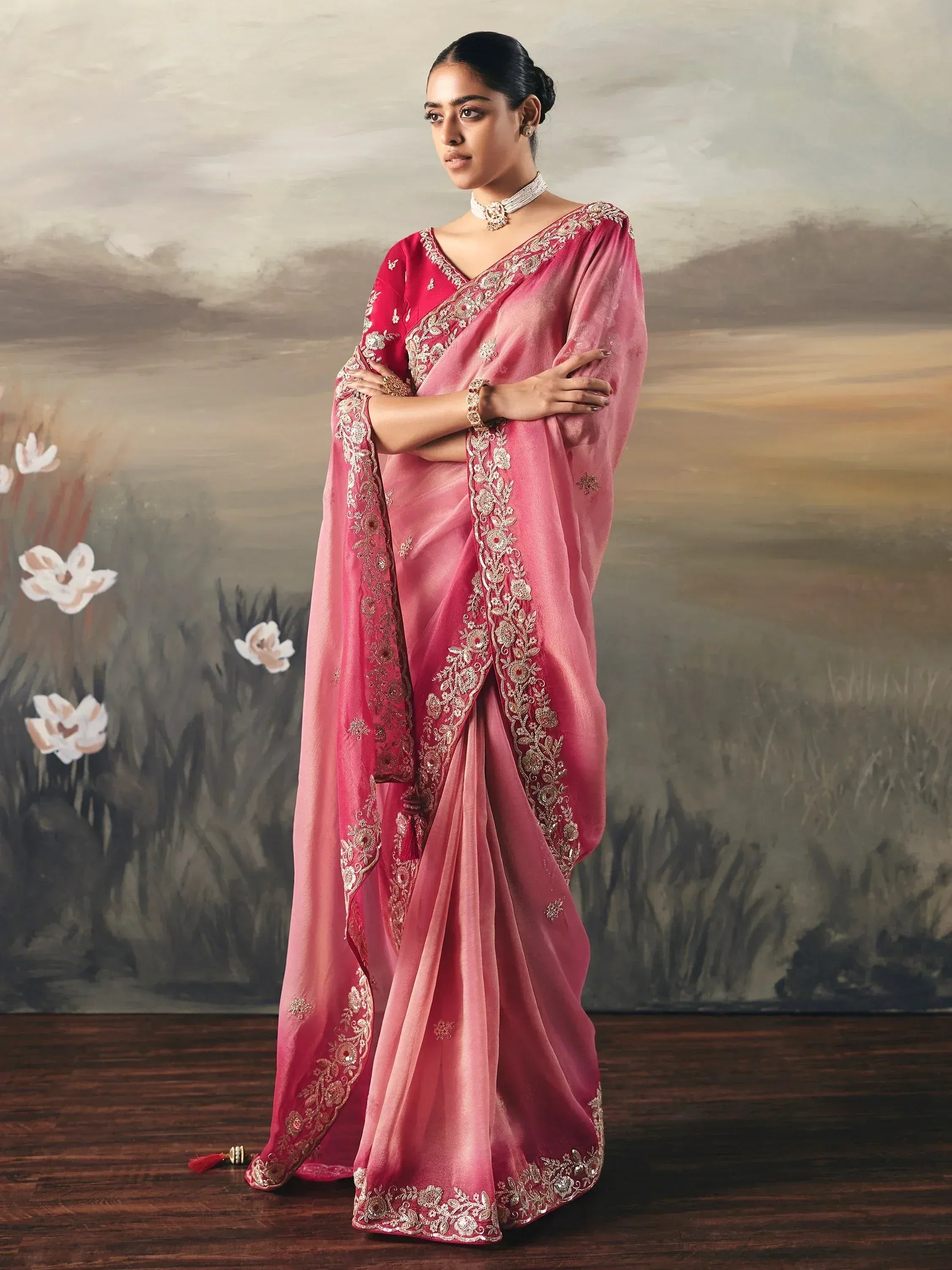 Captivating Pink Zari Embroidered Silk Party Wear Saree With Blouse