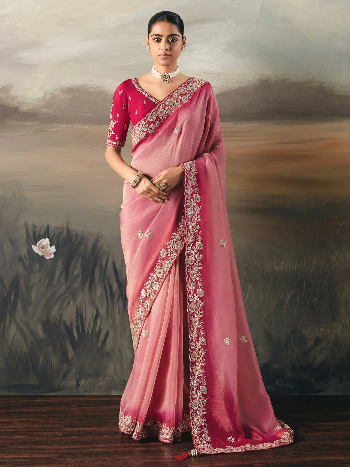 Pink ombre saree with gold floral embroidery, perfect for Indian ethnic wear occasions