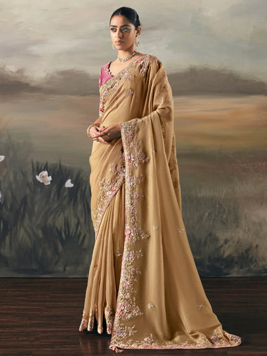 Elegant Cream Sequins Embroidered Silk Reception Wear Saree With Blouse