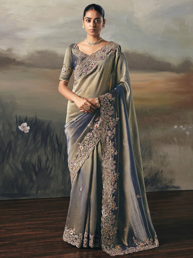Glamorous Grey Zari Embroidered Silk Wedding Wear Saree With Blouse