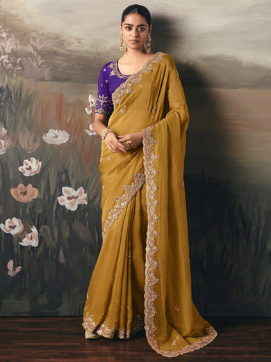 Pretty Yellow Stone Work Silk Wedding Wear Saree With Blouse