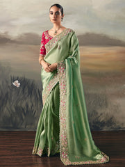 Precious Green Sequins Embroidered Silk Reception Wear Saree With Blouse