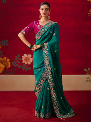 Impressive Green Embroidered Silk Wedding Wear Saree With Blouse