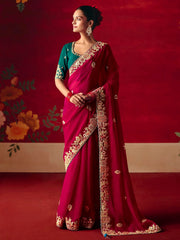 Graceful Pink Embroidered Silk Party Wear Saree With Blouse