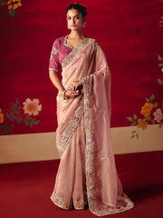 Captivating Pink Embroidered Organza Reception Wear Saree With Blouse