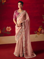 Captivating Pink Embroidered Organza Reception Wear Saree With Blouse
